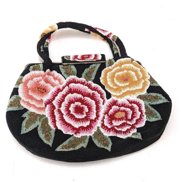 Fully Beaded Floral Evening Handbag Purse Lined Multicolor Roses‎ - Picture 1 of 8